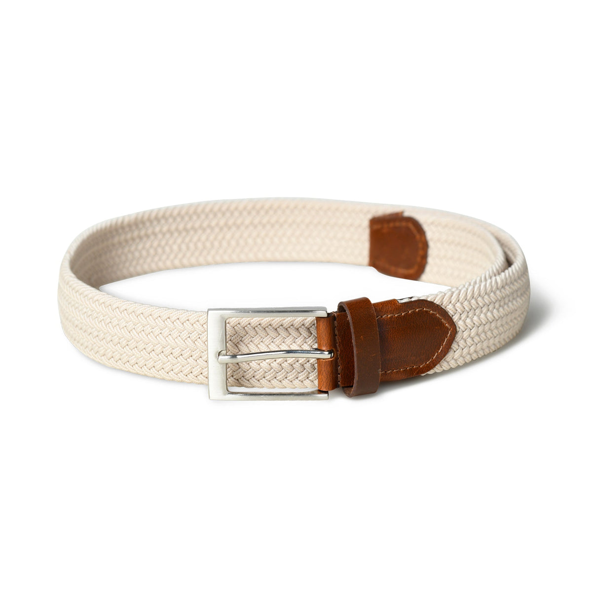 Cream and brown braided canvas and leather belt, view 3