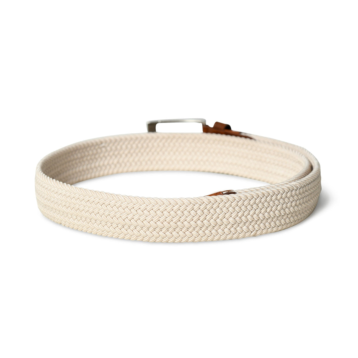 Cream and brown braided canvas and leather belt, view 4