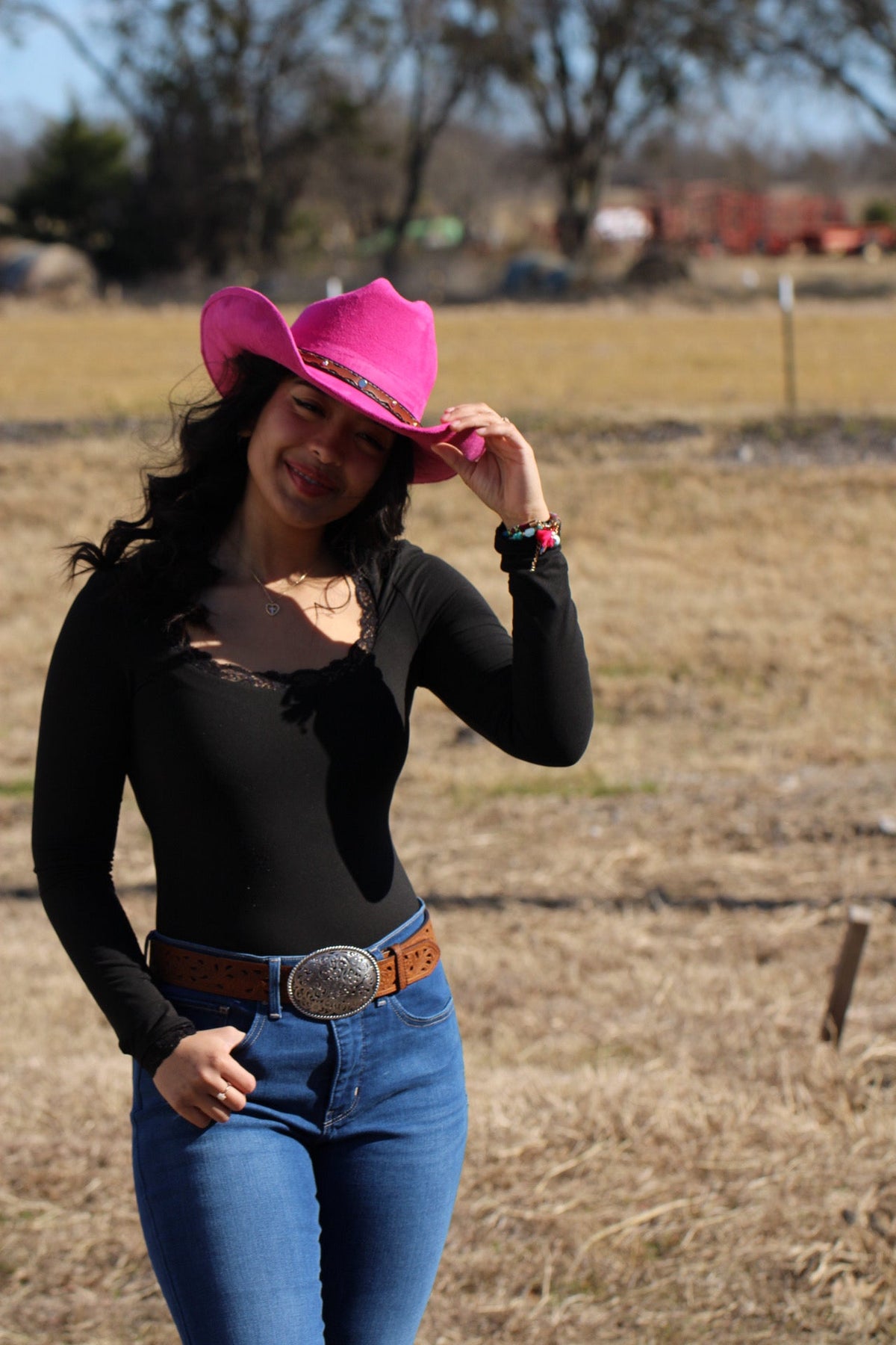 Magenta vegan suede cowboy hat with a lifted brim and faux leather band, view 3