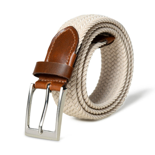Cream and brown braided canvas and leather belt