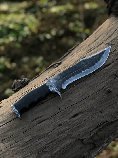 Damascus bowie knife with resin horn handle, Damascus guard and leather sheath