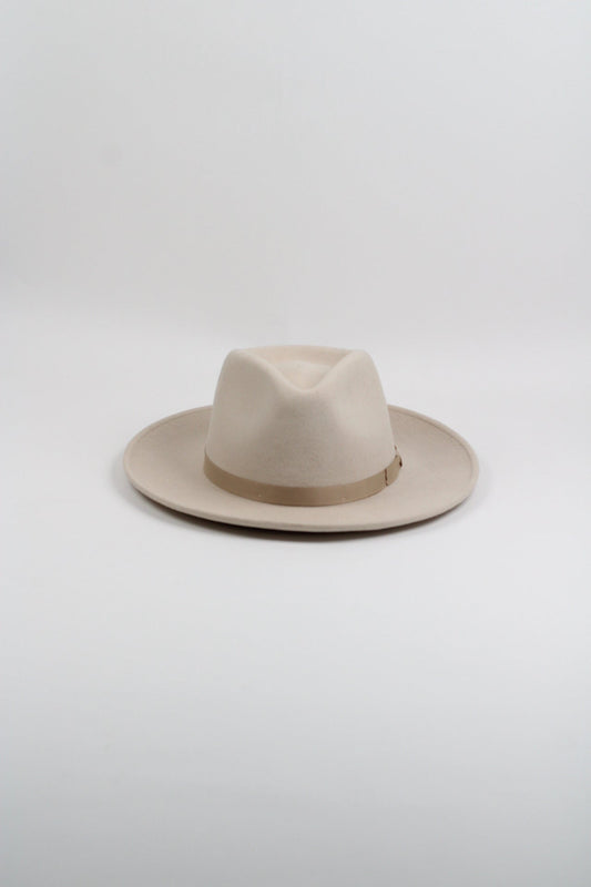 Ivory wool felt hat with a teardrop crown and a 3-inch curved brim