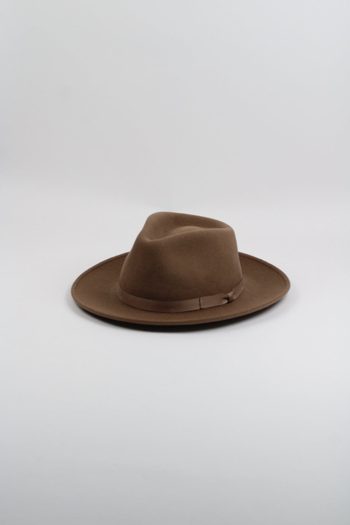 Khaki wool felt hat with a teardrop crown and a 3-inch curved brim