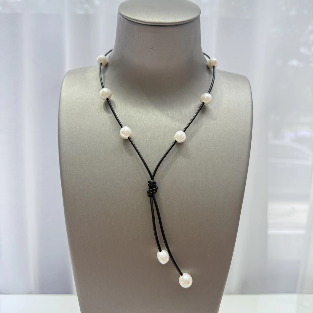 Dark brown leather necklace with spaced freshwater pearls, view 2