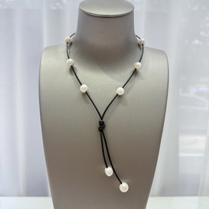 Dark brown leather necklace with spaced freshwater pearls, view 2