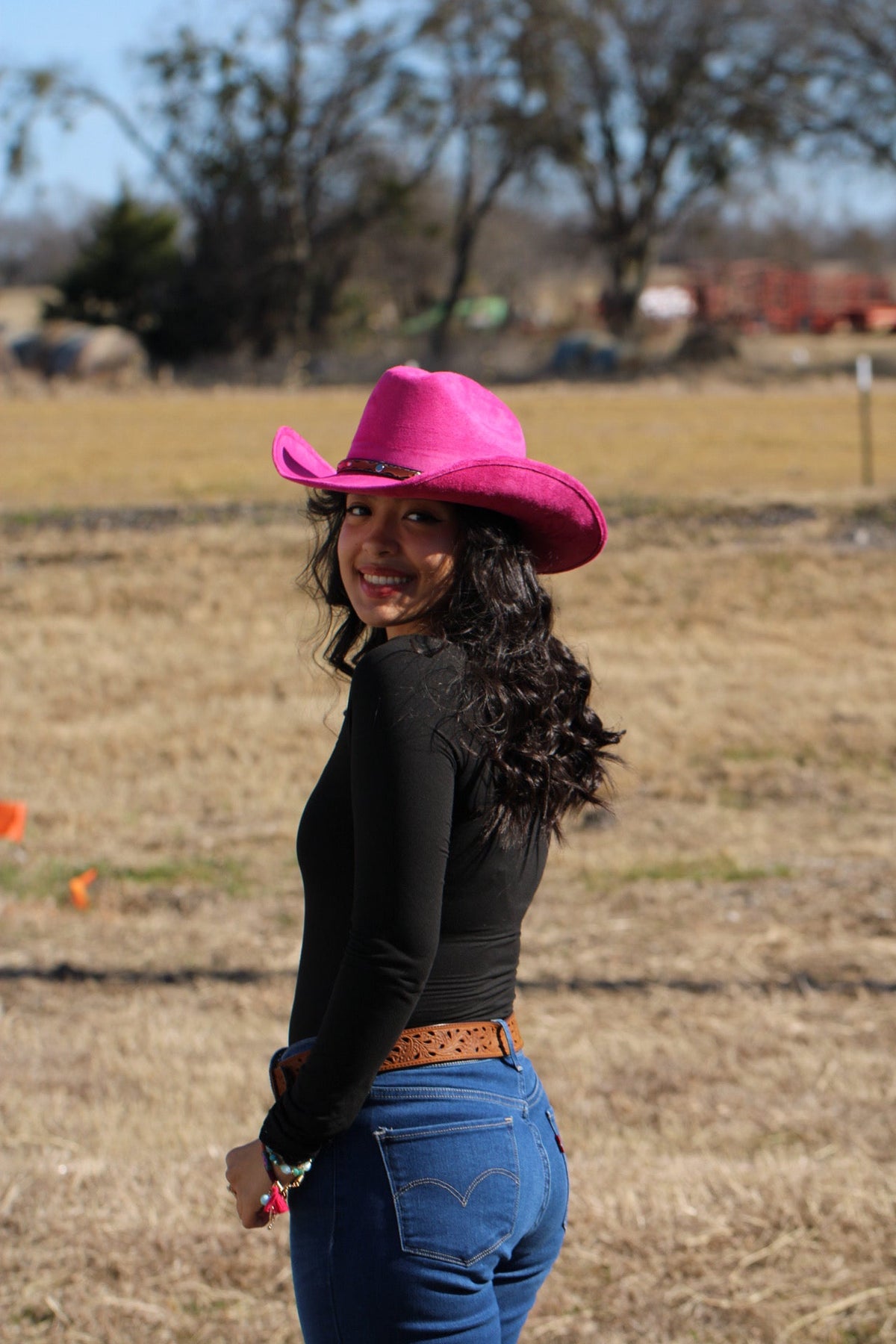 Magenta vegan suede cowboy hat with a lifted brim and faux leather band, view 4