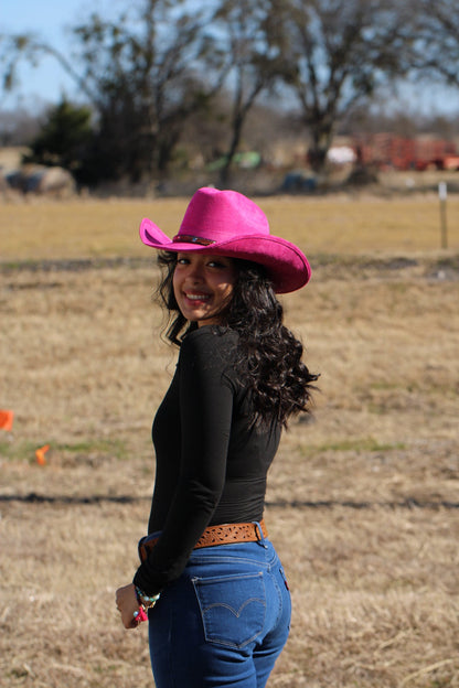 Magenta vegan suede cowboy hat with a lifted brim and faux leather band, view 4