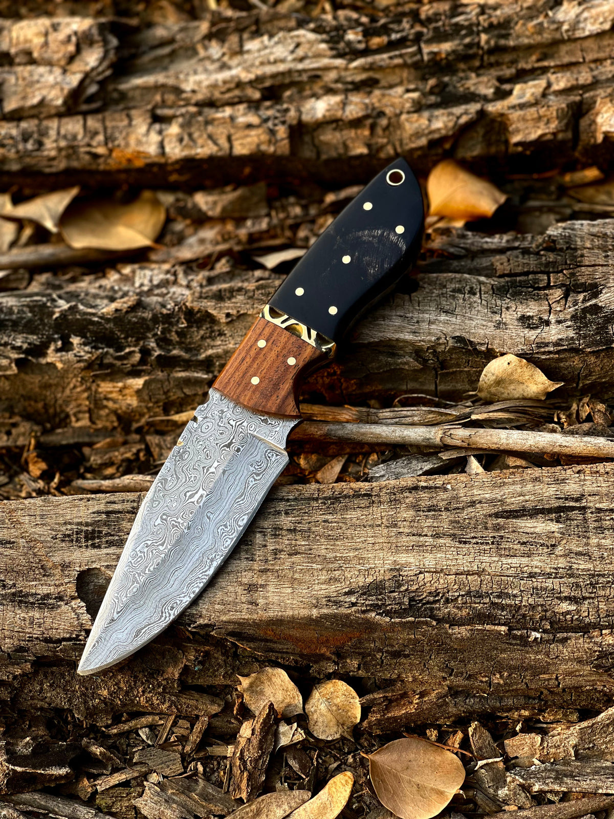 Damascus skinning knife with buffalo horn and rosewood handle and stitched leather sheath