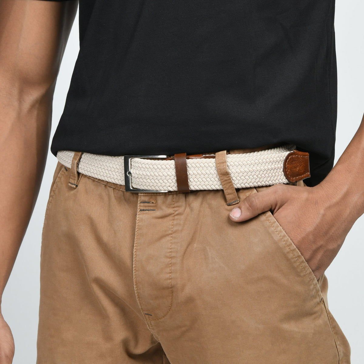 Cream and brown braided canvas and leather belt, view 2