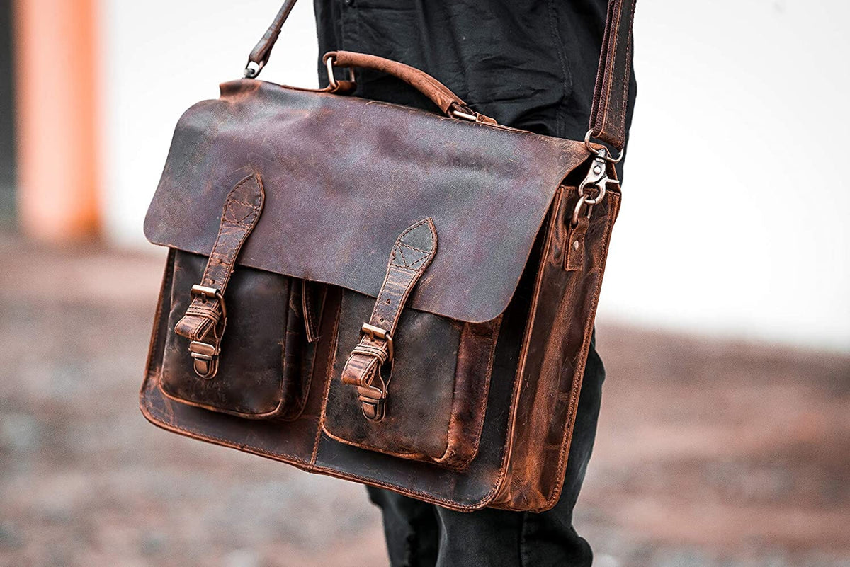 Rustic leather laptop messenger bag with two front pockets, view 2