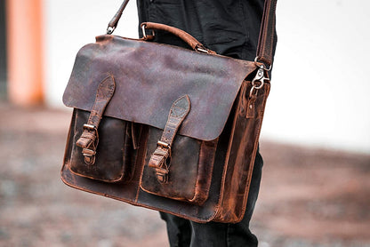 Rustic leather laptop messenger bag with two front pockets, view 2
