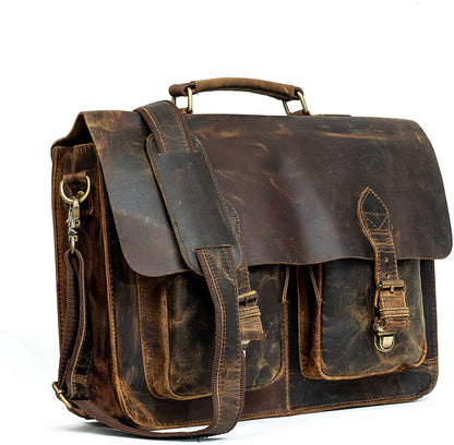 Rustic leather laptop messenger bag with two front pockets, view 3