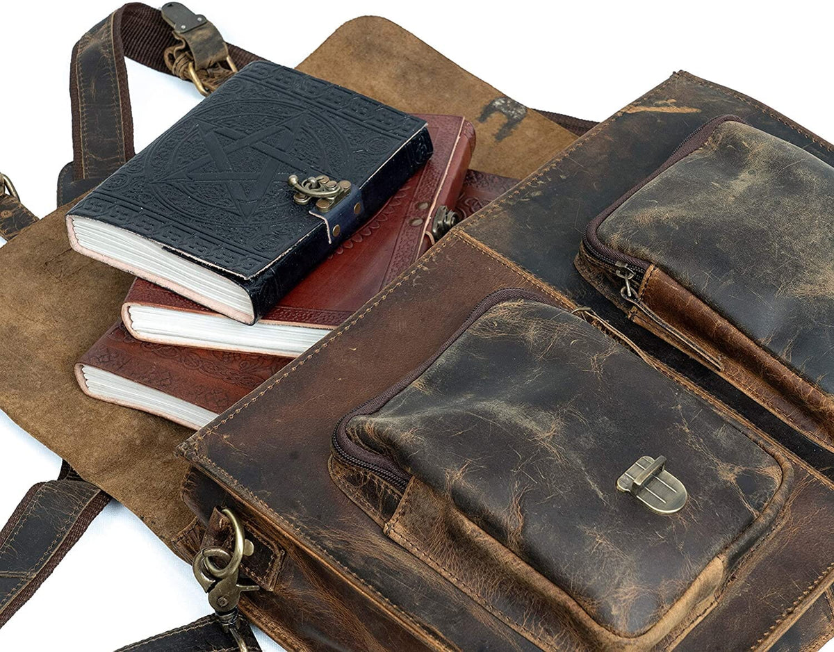 Rustic leather laptop messenger bag with two front pockets, view 4
