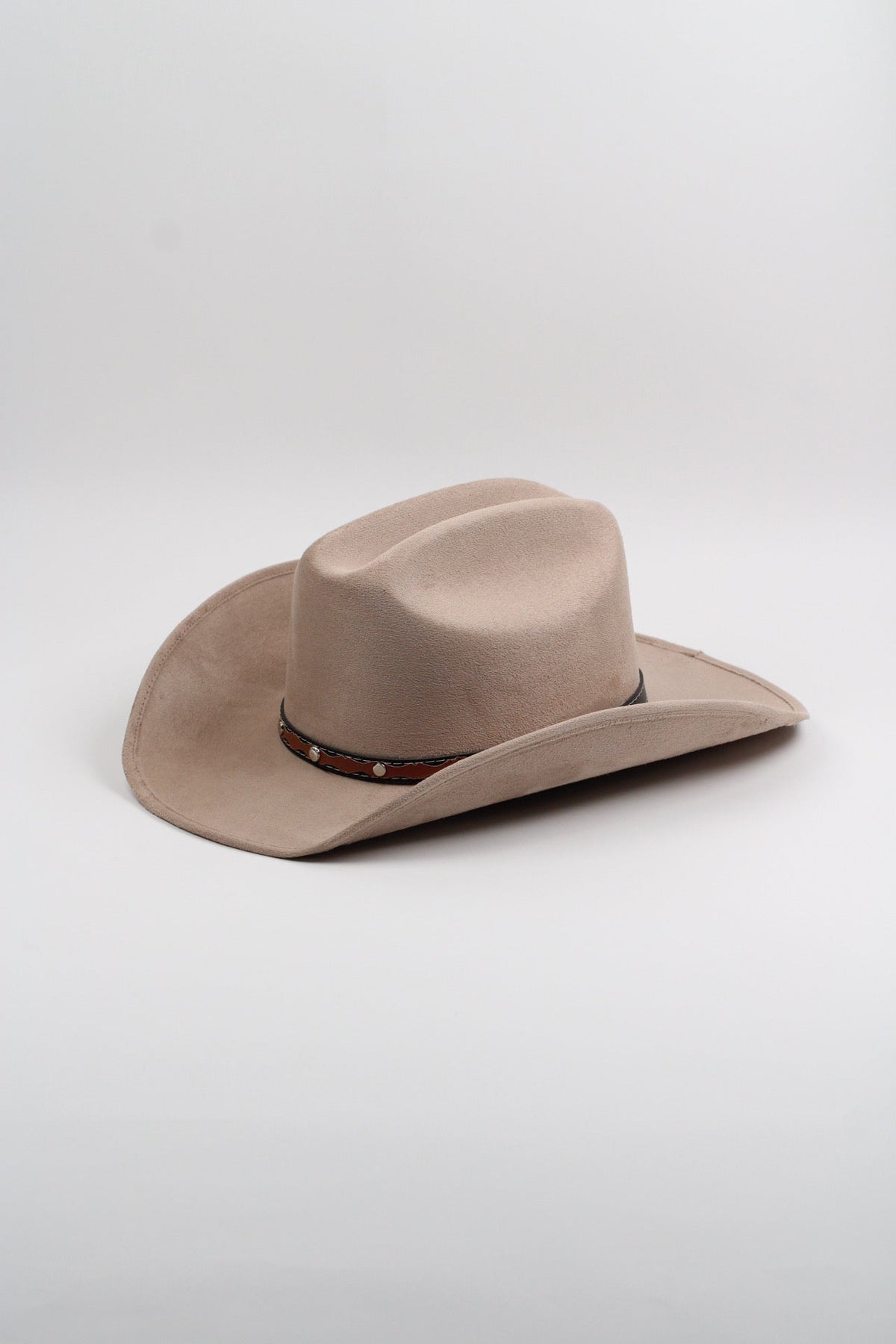 Sand vegan suede cowboy hat with a lifted brim and faux leather band