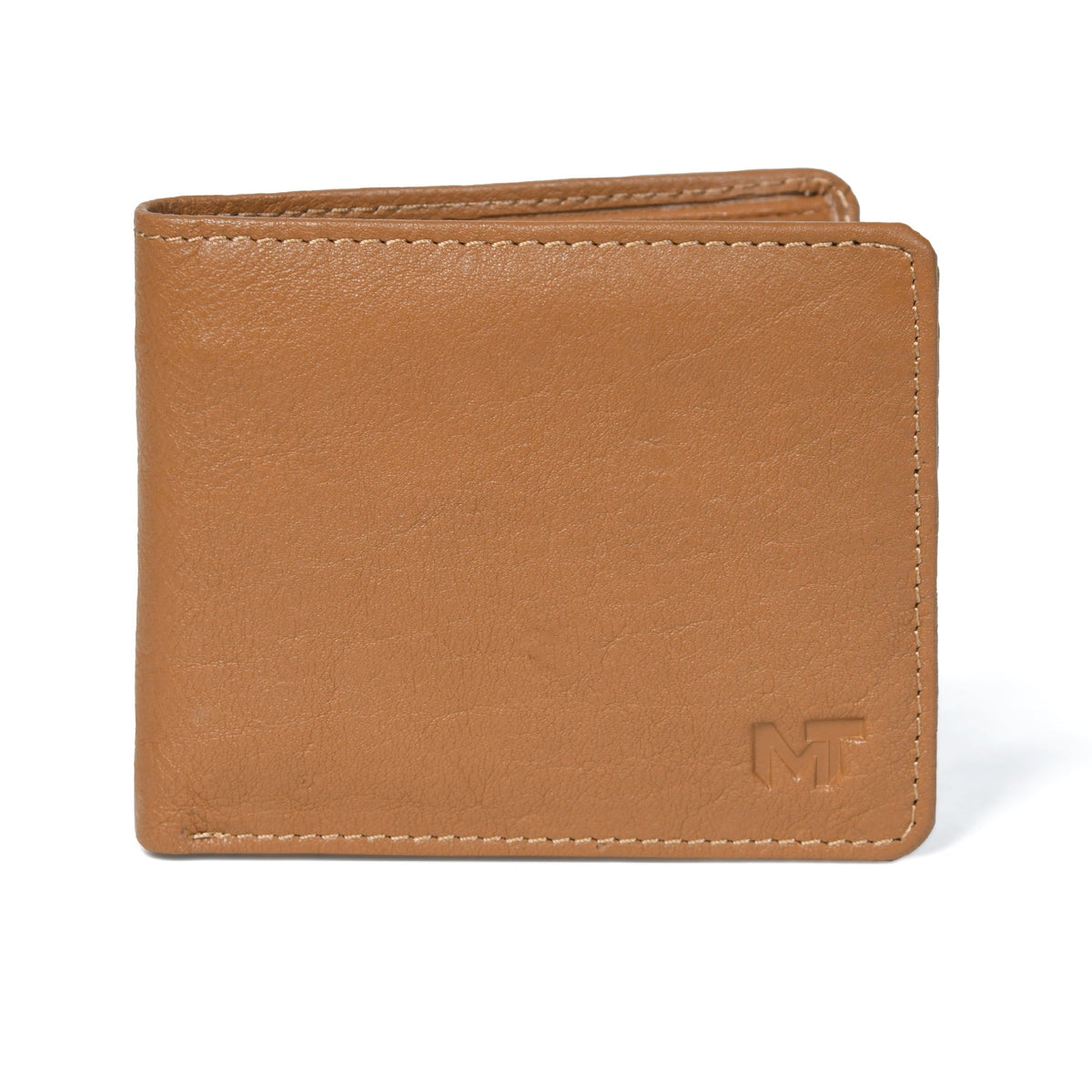 Top-grain leather slim bifold wallet open to show card slots, view 4