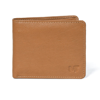 Top-grain leather slim bifold wallet open to show card slots, view 4