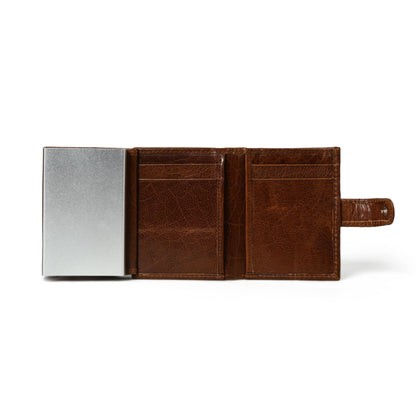 Leather wallet with aluminum pop-up card case, view 2