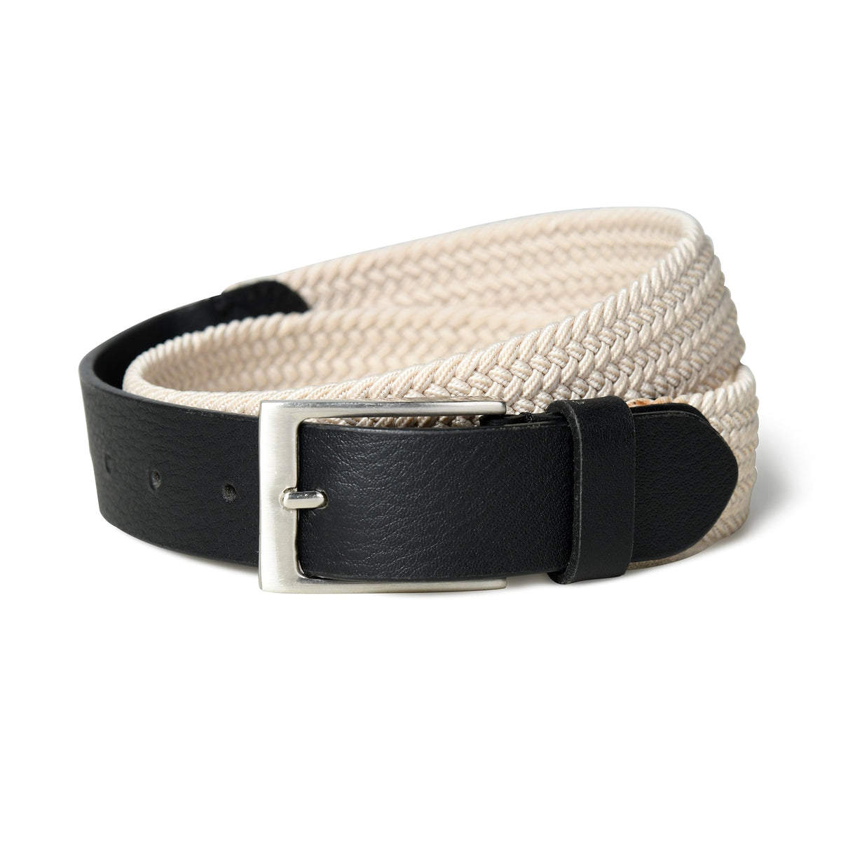 Cream and black braided canvas and leather belt, view 3