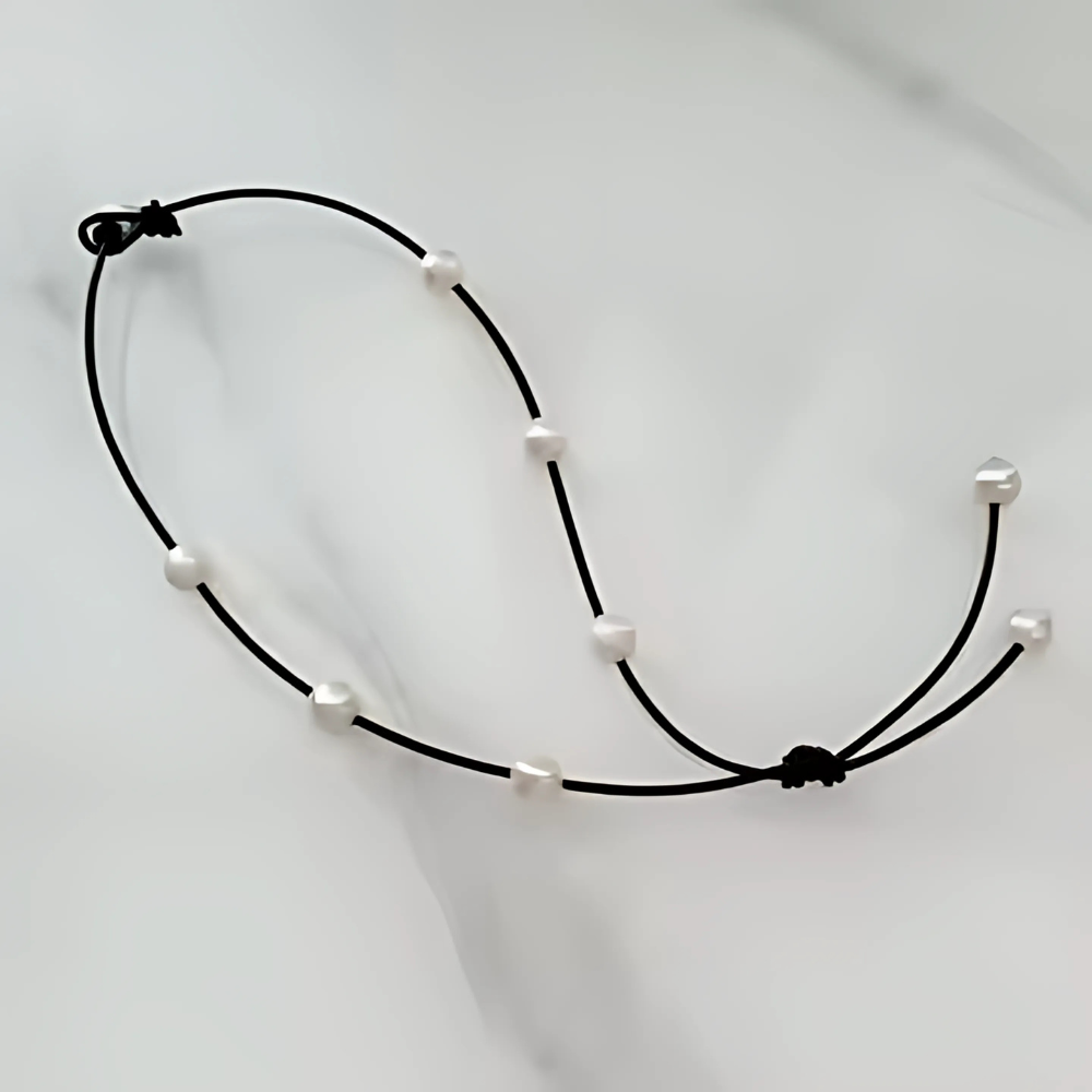 Dark brown leather necklace with spaced freshwater pearls, view 3