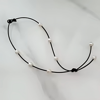 Dark brown leather necklace with spaced freshwater pearls, view 3