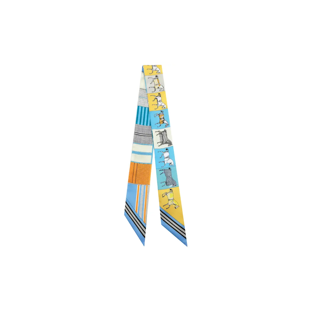 Blue horse print silk scarf necklace with gold charm, view 5