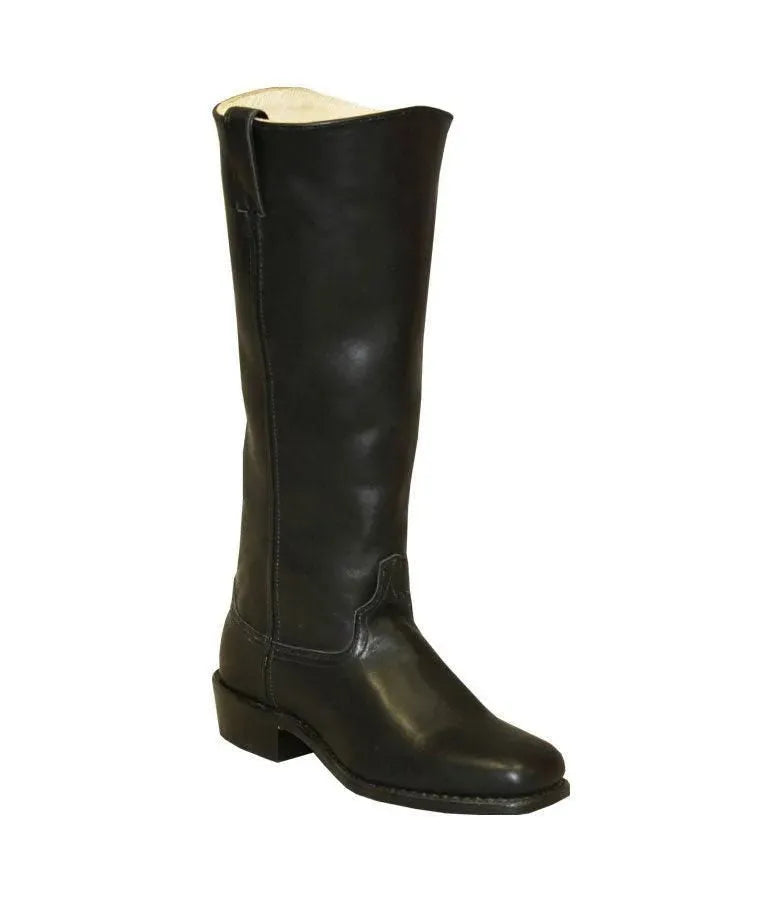 Tall black leather cowboy boot with a plain 15 inch shaft and square toe