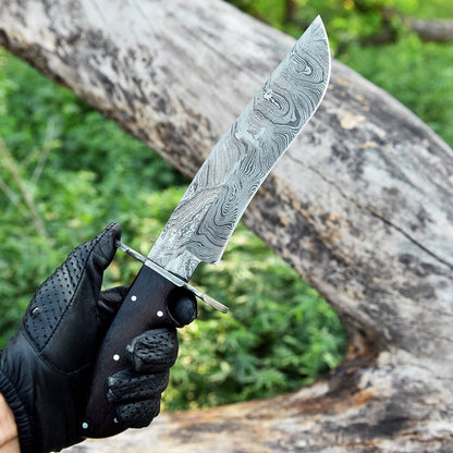 Long Damascus Bowie knife with a rosewood handle and Damascus guard