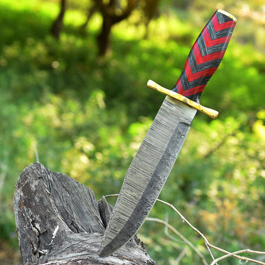 Damascus Bowie knife with a brass guard and Pakka wood handle