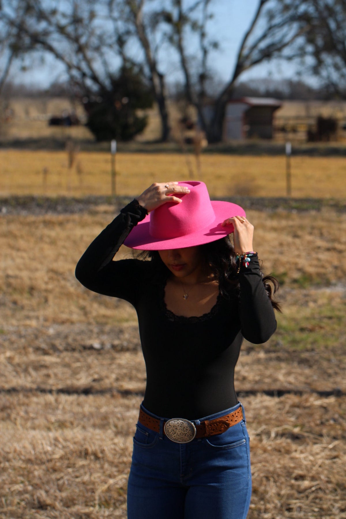 Pink merino wool felt rancher hat with a lifted brim, view 4