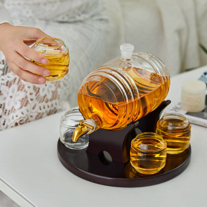 Glass whiskey barrel decanter set with barrel glasses, view 3