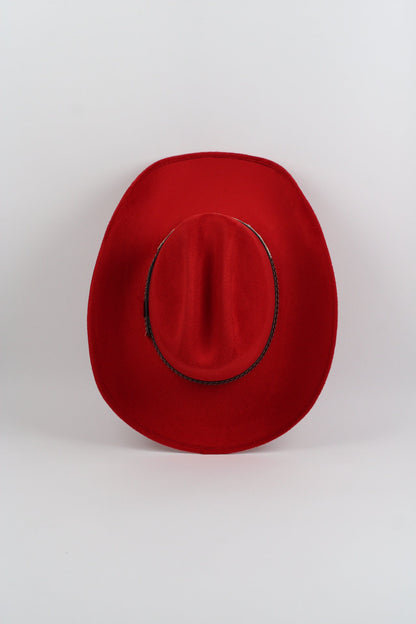 Lipstick red vegan suede cowboy hat with a lifted brim and faux leather band, view 3