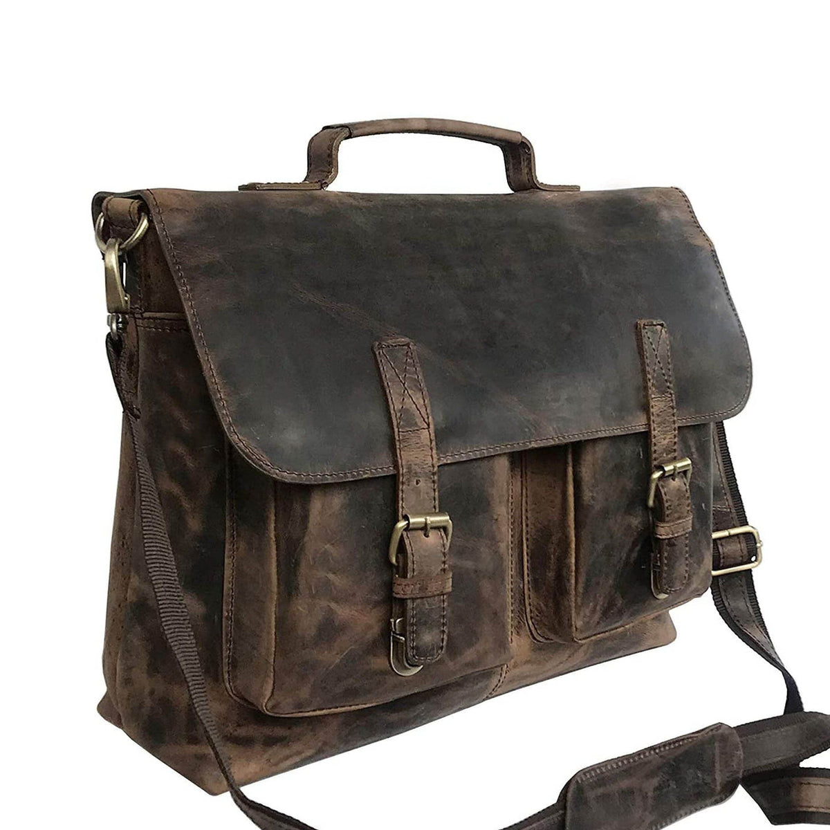 Vintage brown leather briefcase messenger bag with brass hardware, view 3