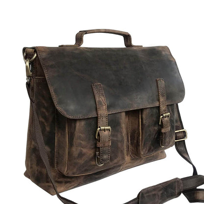 Vintage brown leather briefcase messenger bag with brass hardware, view 3