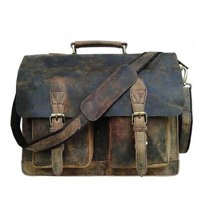 Vintage brown leather messenger bag with two buckled front pockets