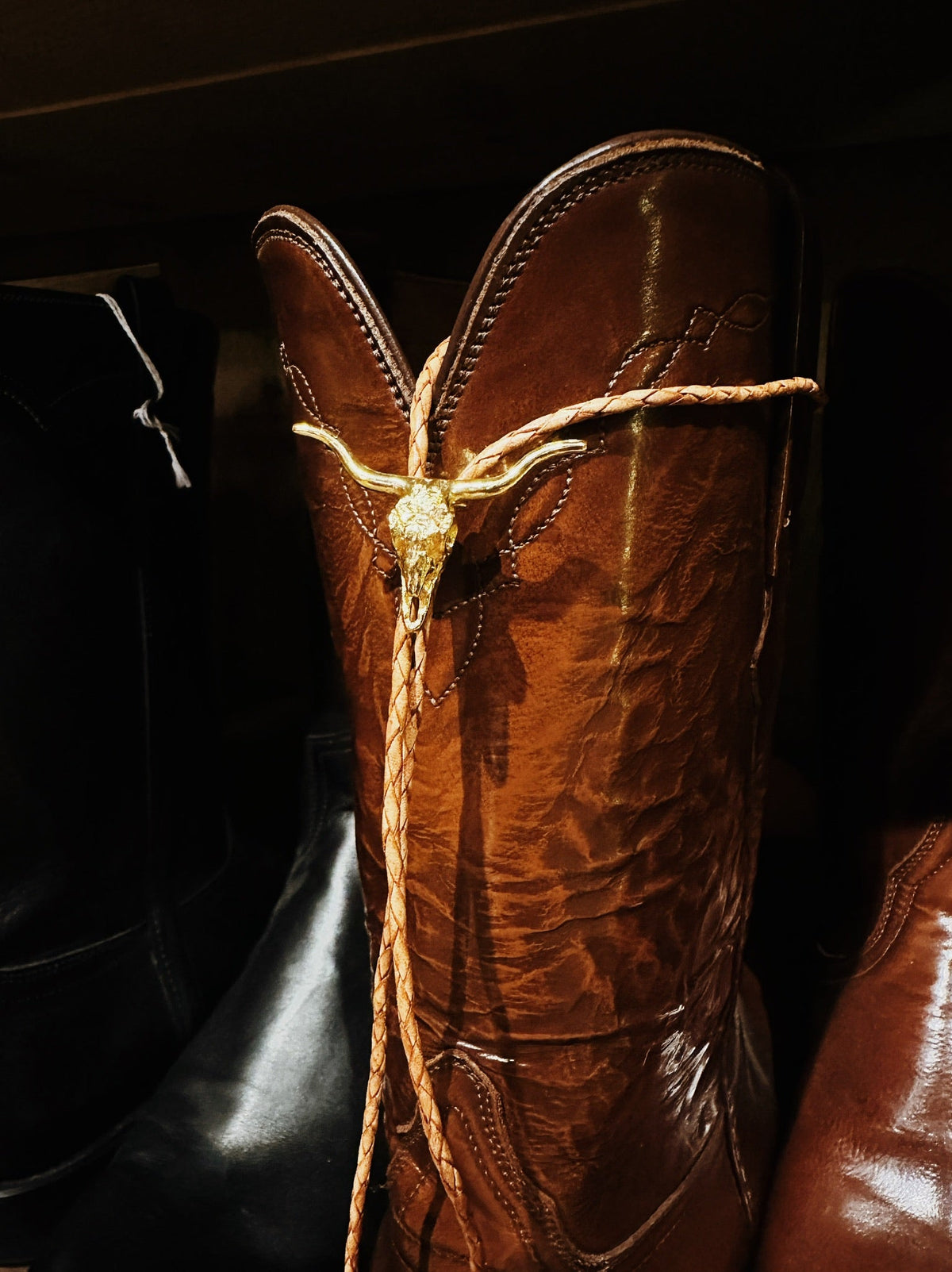 Gold plated Longhorn bolo tie on tan braided leather cord, view 3