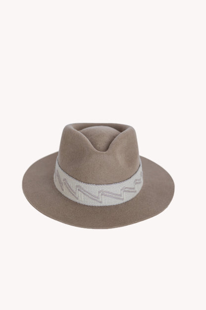 Beige alpaca wool felt fedora with a short brim and woven band
