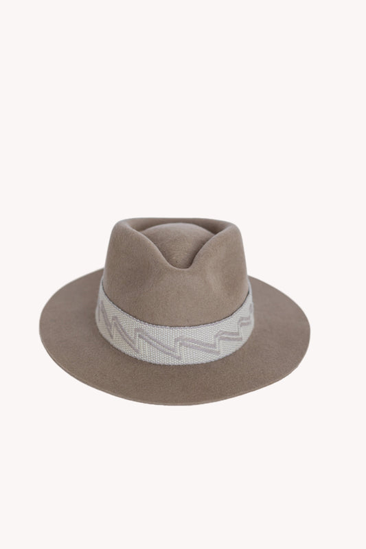 Beige alpaca wool felt fedora with a short brim and woven band