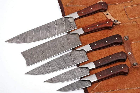 Damascus chef knife with bone and rosewood handle and leather sheath
