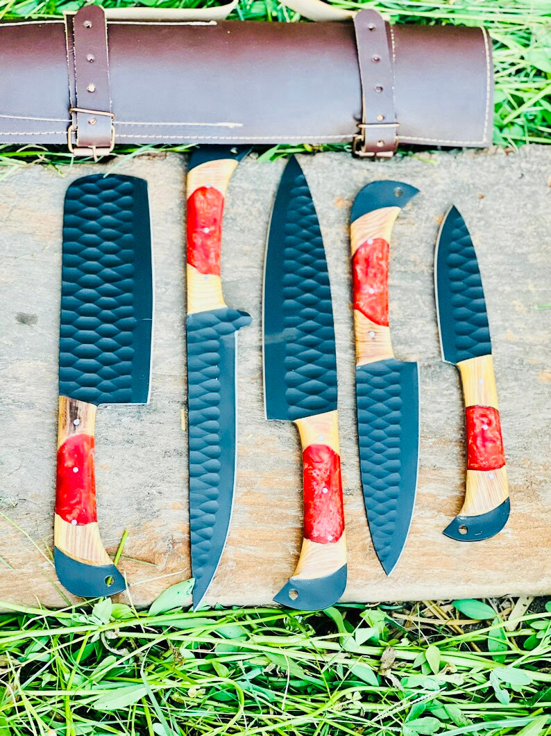 Japanese-style stainless chef knife with olivewood and resin handle and leather sheath