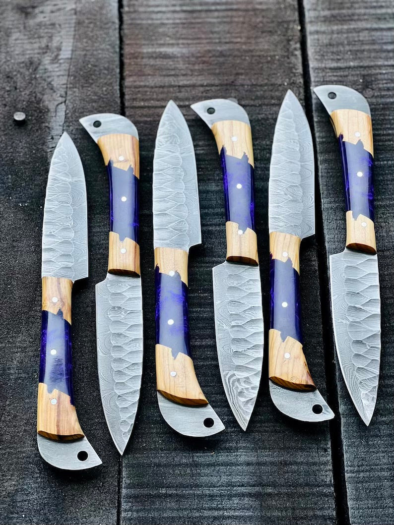 Stainless kitchen knife with olivewood and blue epoxy resin handle and leather sheath