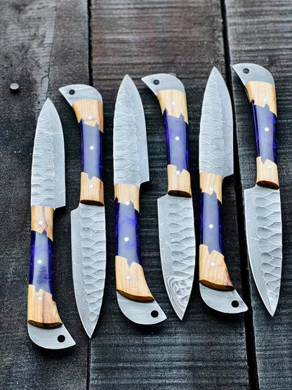 Stainless kitchen knife with olivewood and blue epoxy resin handle and leather sheath