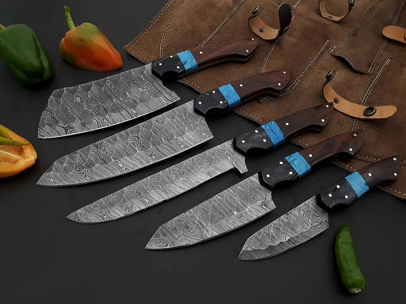 Damascus chef knife with dark wenge resin handle and leather sheath