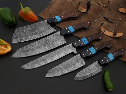 Damascus chef knife with dark wenge resin handle and leather sheath