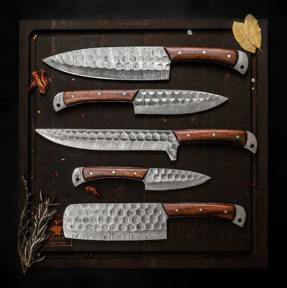 Damascus kitchen knife with bone and pakkawood handle and leather sheath