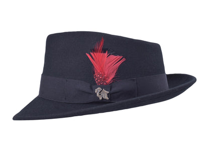 Black wool felt fedora with structured crown and medium brim, view 2