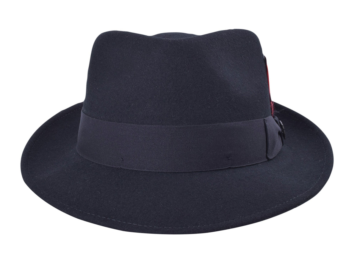 Black wool felt fedora with structured crown and medium brim, view 3