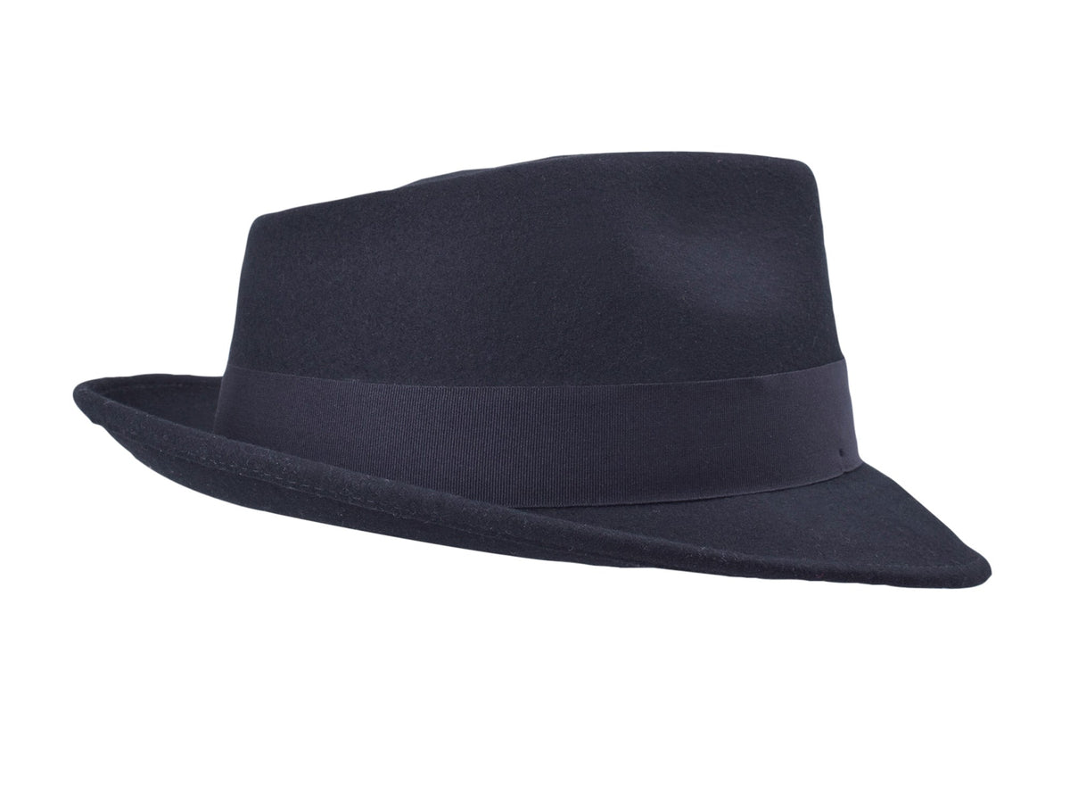 Black wool felt fedora with structured crown and medium brim, view 4