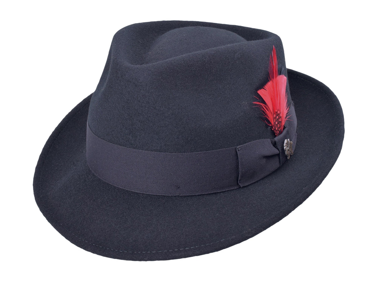 Black wool felt fedora with structured crown and medium brim, view 1
