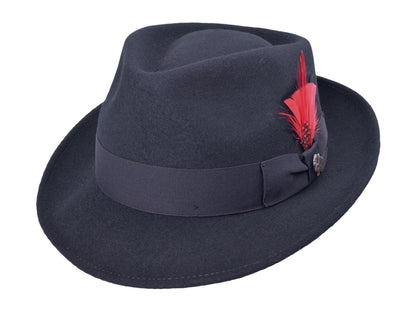 Black wool felt fedora with structured crown and medium brim, view 1