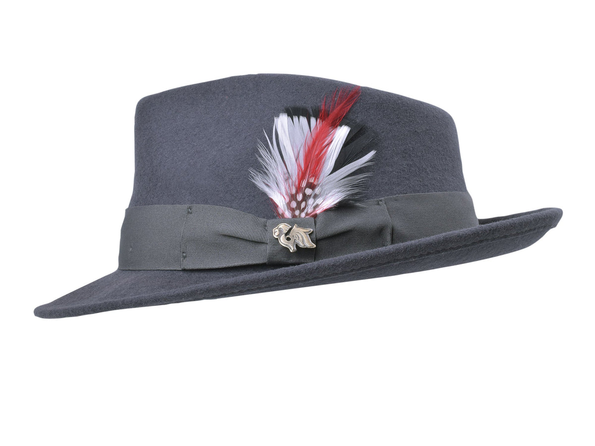 Dark grey wool felt fedora with structured crown and medium brim, view 2